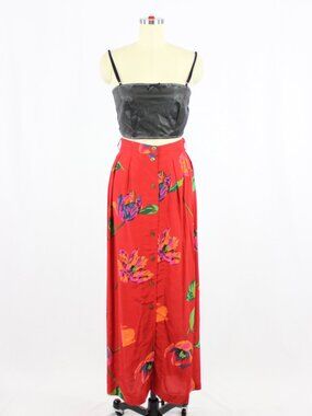 Vintage 80's MONDI Red Floral ViscosePleated A-Line Midi Skirt, Size 18